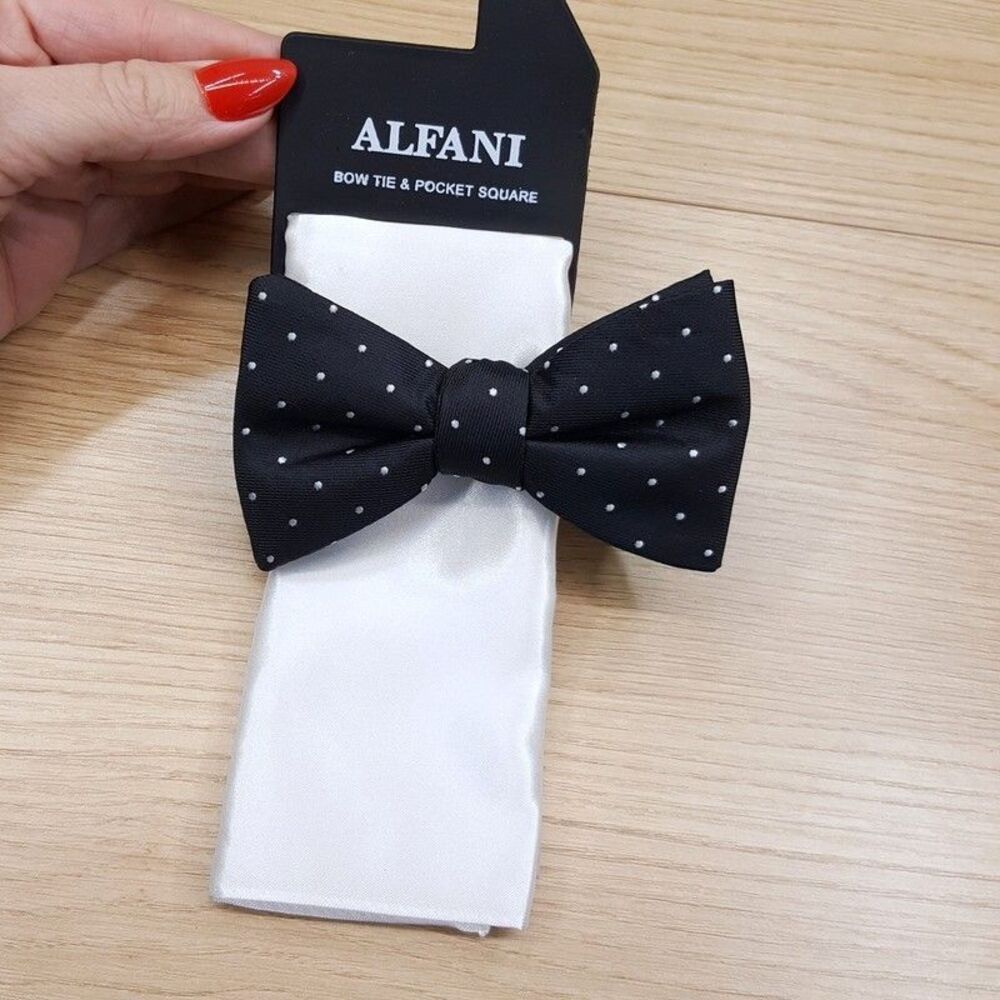 ALFANI Mens Bow Tie & Pocket Square Black Micro Dot Pre-Tied Bowtie + White